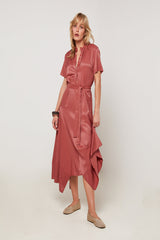 BRICK RED LONG SHORT SLEEVE SHIRT DRESS