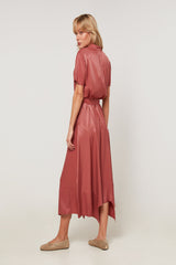 BRICK RED LONG SHORT SLEEVE SHIRT DRESS
