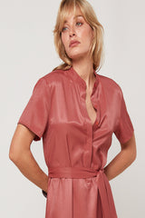 BRICK RED LONG SHORT SLEEVE SHIRT DRESS