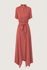BRICK RED LONG SHORT SLEEVE SHIRT DRESS