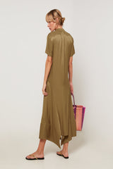 KHAKI LONG SHORT SLEEVE SHIRT DRESS