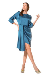 BLUE ASYMMETRICAL SHINY VISCOSE DRESS