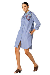 FLORAL EMBROIDERED STRIPED SHIRT DRESS