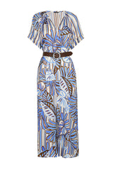 BLUE FOLIAGE PRINT STRAIGHT MIDI DRESS
