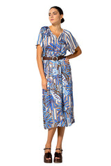 BLUE FOLIAGE PRINT STRAIGHT MIDI DRESS