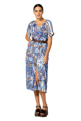 BLUE FOLIAGE PRINT STRAIGHT MIDI DRESS