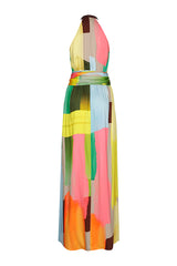 ABSTRACT MULTI COLOUR PRINT MAXI HALTER DRESS