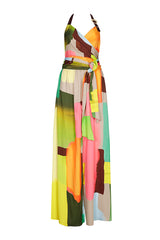 ABSTRACT MULTI COLOUR PRINT MAXI HALTER DRESS