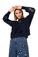 NAVY EMBROIDERED FLORAL DETAIL TULLE CARDIGAN