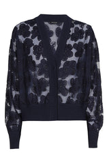 NAVY EMBROIDERED FLORAL DETAIL TULLE CARDIGAN
