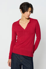 RED WIDE RIBBED DETAIL POLO NECK SWEATER