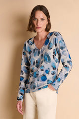 AUREOLE BLUE LONG SLEEVES V-NECKLINE PRINTED SWEATER