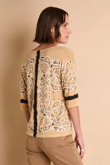 ACADAMIA LIGHT BROWN SHORT SLEEVES PRINTED SWEATER