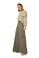 KAKI ELASTICATED WAIST FINE COTTON PALAZZO TROUSERS
