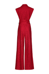 DARK RED WIDE LEG LACE SLEEVELESS JUMPSUIT
