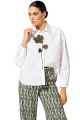KHAKI FLOWER DETAIL OVERSIZED COTTON SHIRT