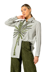 PALM TREE EMBROIDERY STRIPED COTTON SHIRT