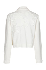 FRAYED FLORAL DETAIL SHORT DENIM CARDIGAN