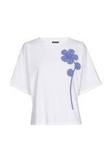 SEWN-ON STRIPED FLOWER COTTON T-SHIRT