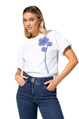 SEWN-ON STRIPED FLOWER COTTON T-SHIRT