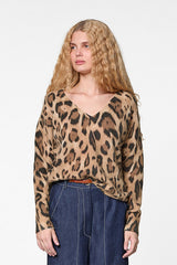 BROWN LEOPARD V NECK SWEATER
