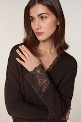 BROWN V NECK LACE SWEATER IN WOOL