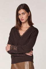 BROWN V NECK LACE SWEATER IN WOOL