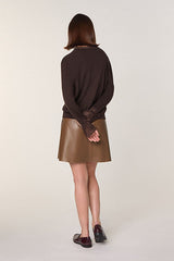 BROWN V NECK LACE SWEATER IN WOOL