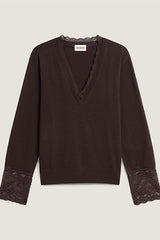 BROWN V NECK LACE SWEATER IN WOOL