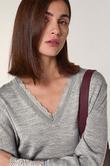GREY V NECK LACE WOOL SWEATER