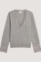 GREY V NECK LACE WOOL SWEATER