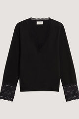 BLACK V NECK LACE WOOL SWEATER