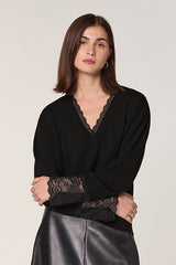 BLACK V NECK LACE WOOL SWEATER