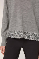 GREY ROUND NECK LACE WOOL SWEATER