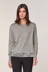 GREY ROUND NECK LACE WOOL SWEATER