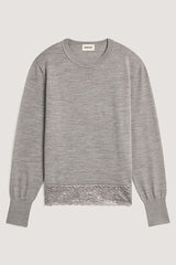 GREY ROUND NECK LACE WOOL SWEATER