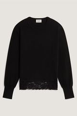 BLACK ROUND NECK LACE WOOL SWEATER