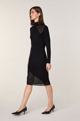 BLACK TWO MATERIAL WOOL DRESS