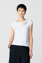 WHITE RHINESTONE CUTOUT SLEEVELESS T-SHIRT