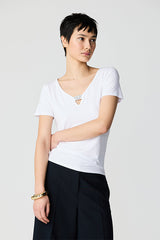 WHITE RHINESTONE CHAIN V-NECK T-SHIRT