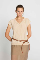 CREAM GEOMETRIC V-NECK LUREX SWEATER