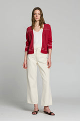 RED TWO-TONE JACQUARD CARDIGAN