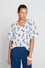 WHITE FLORAL PRINT V-NECK JUMPER