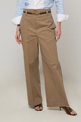 DARK BEIGE HIGH-WAISTED WIDE-LEG COTTON TROUSERS