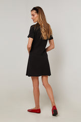 BLACK SHORT FLARED OPENWORK KNIT DRESS