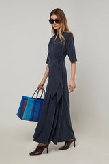 DENIM BLUE SHORT SLEEVES LONG WRAP DRESS