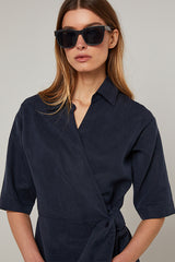 DENIM BLUE SHORT SLEEVES LONG WRAP DRESS