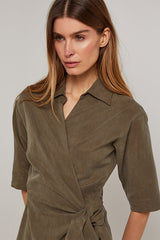 KHAKI SHORT SLEEVES LONG WRAP DRESS