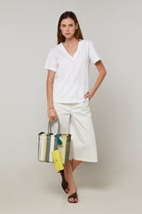 WHITE SHORT-SLEEVE V-NECK COTTON SILK T-SHIRT