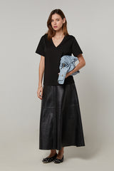 BLACK SHORT-SLEEVE V-NECK COTTON SILK T-SHIRT